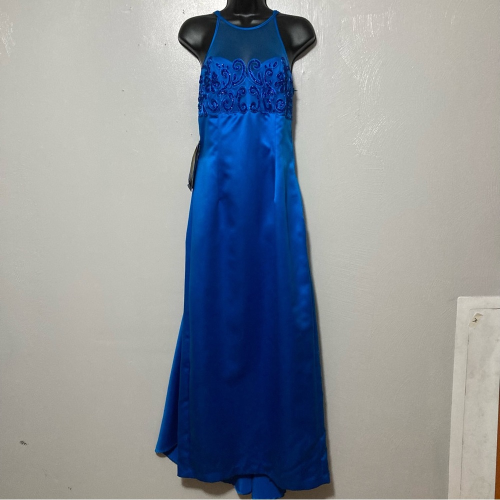 VTG Deadstock Blue Mesh Halter Beaded Evening Gown Bodycon 90s Y2K Maxi